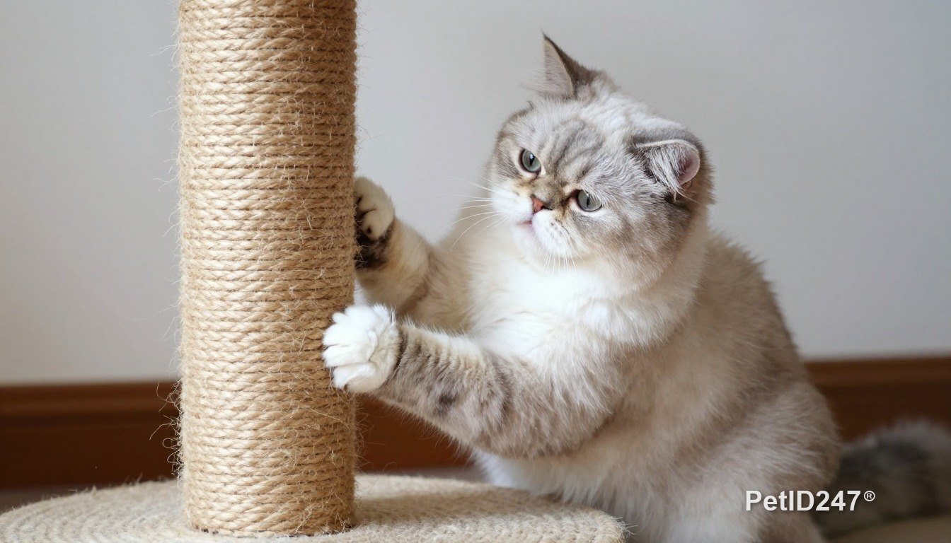 Persian cat using a scratching post