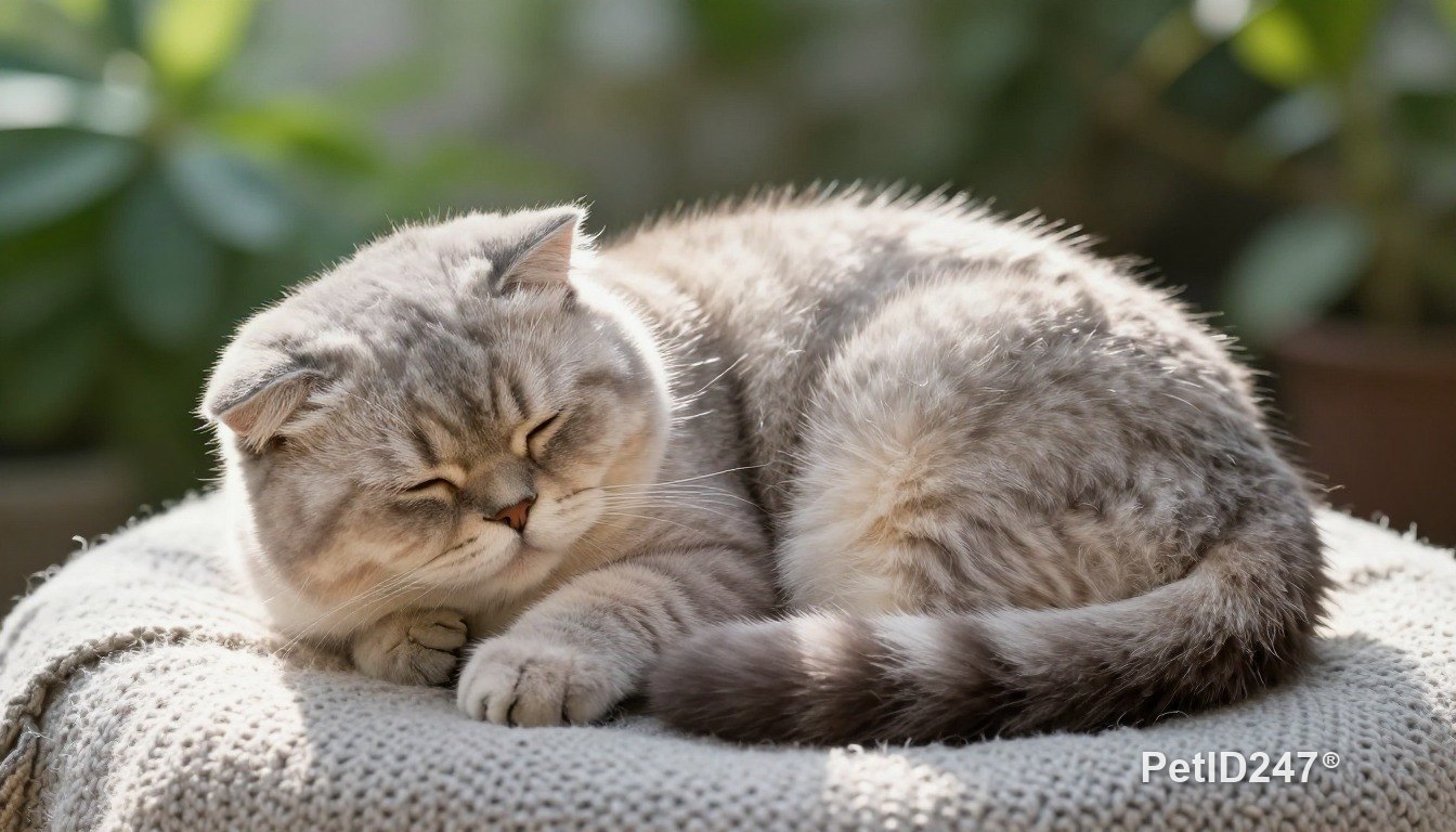 Scottish fold curled up asleep, morning light