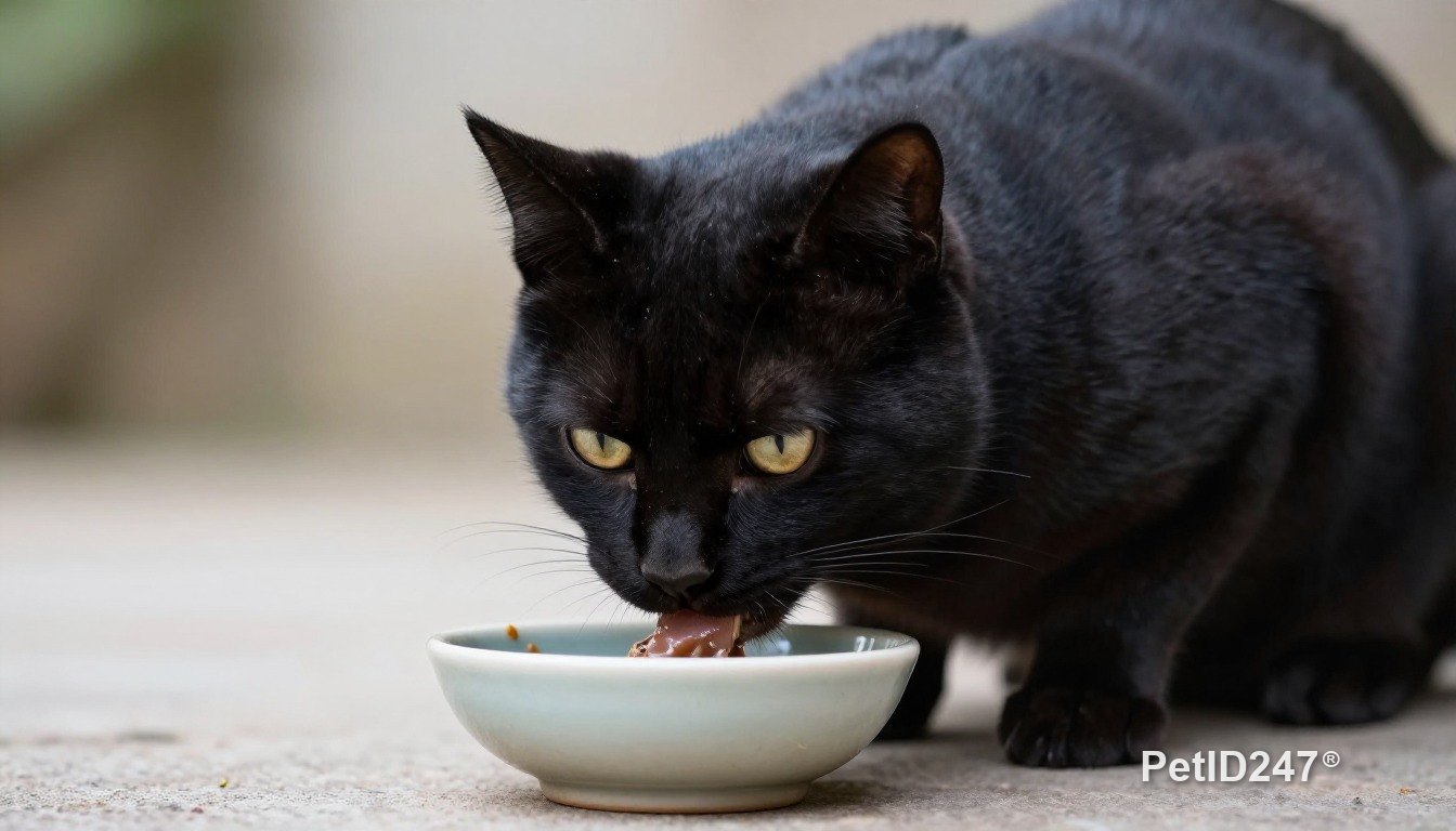 Black cat eating from a bowl