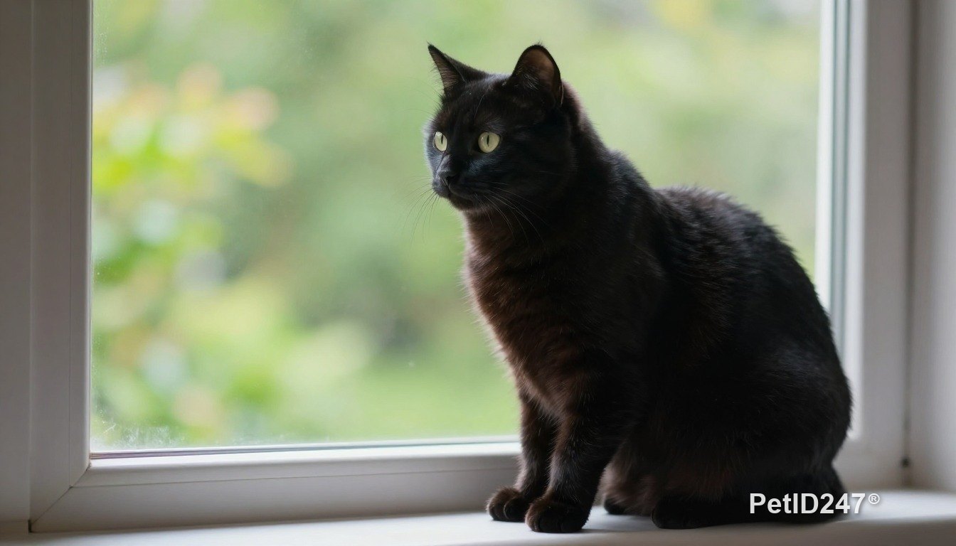 Black cat sitting by the window, morning light
