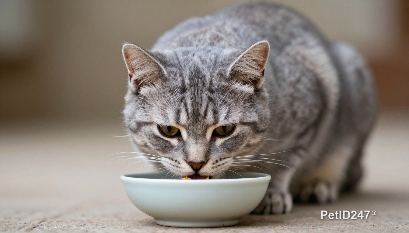 Grey tabby cat eating from a bowl