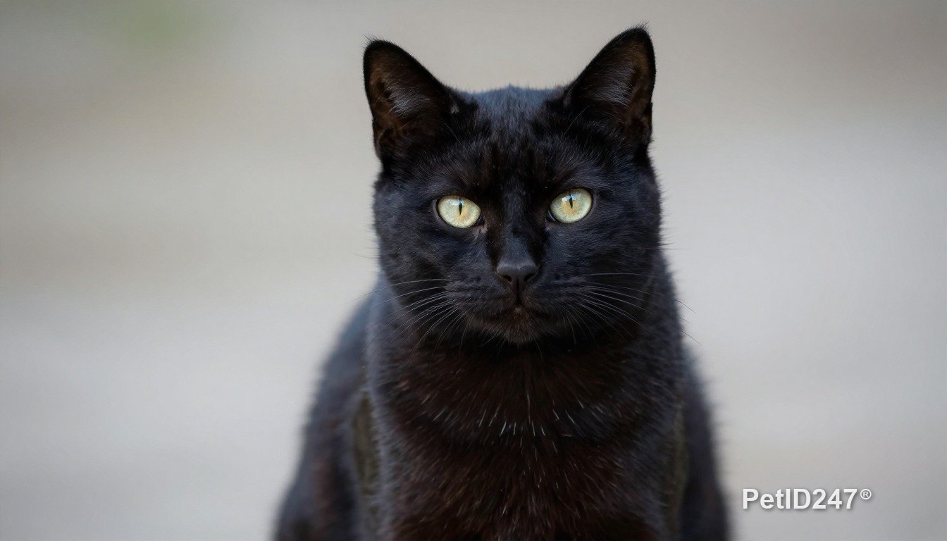 Black cat sitting, looking at the camera