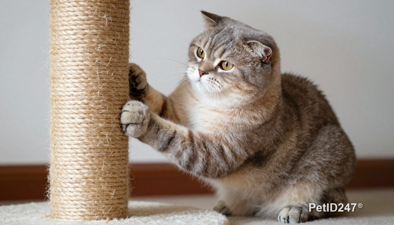 Scottish fold using a scratching post