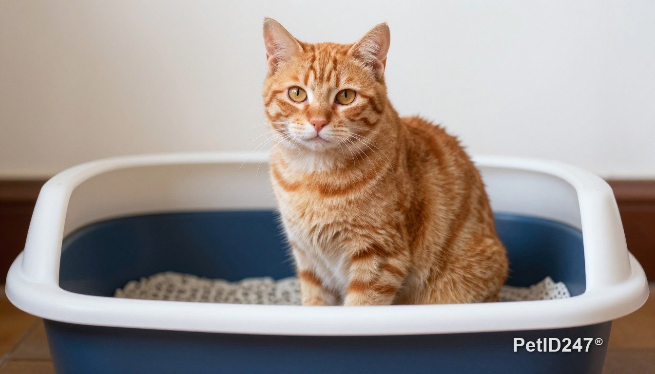 Orange tabby cat next to a litter box