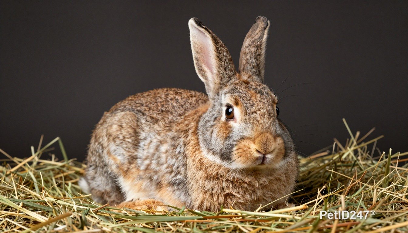 Rabbit resting on hay, dark background