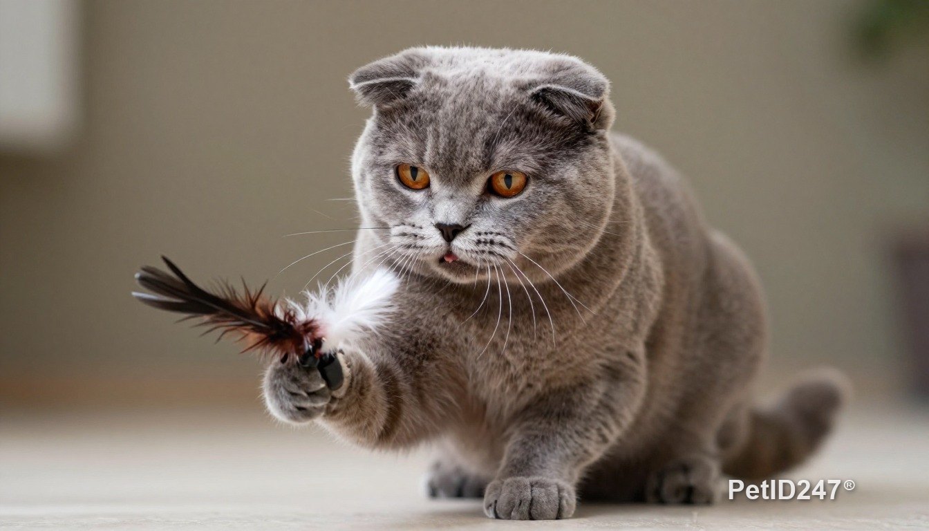 Scottish fold playing with a feather toy
