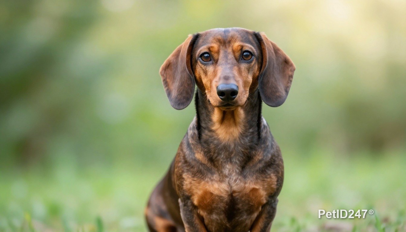 Dachshund sitting, looking at the camera, morning light