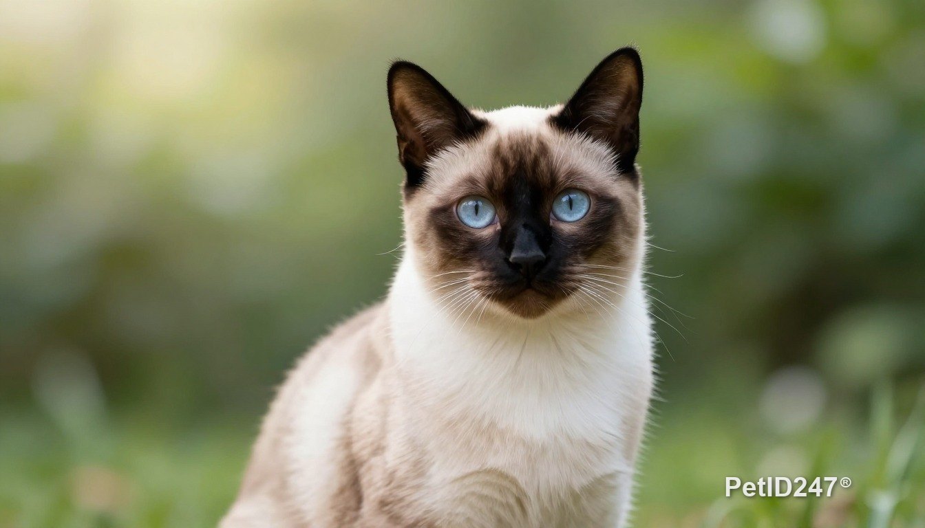 Siamese cat sitting, looking at the camera, morning light