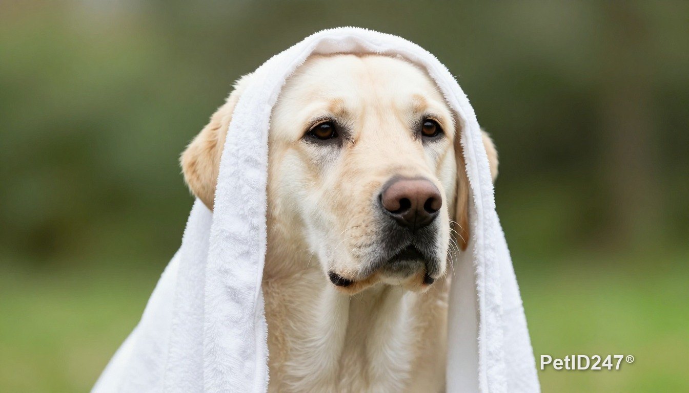 Labrador retriever in a towel after a bath, morning light
