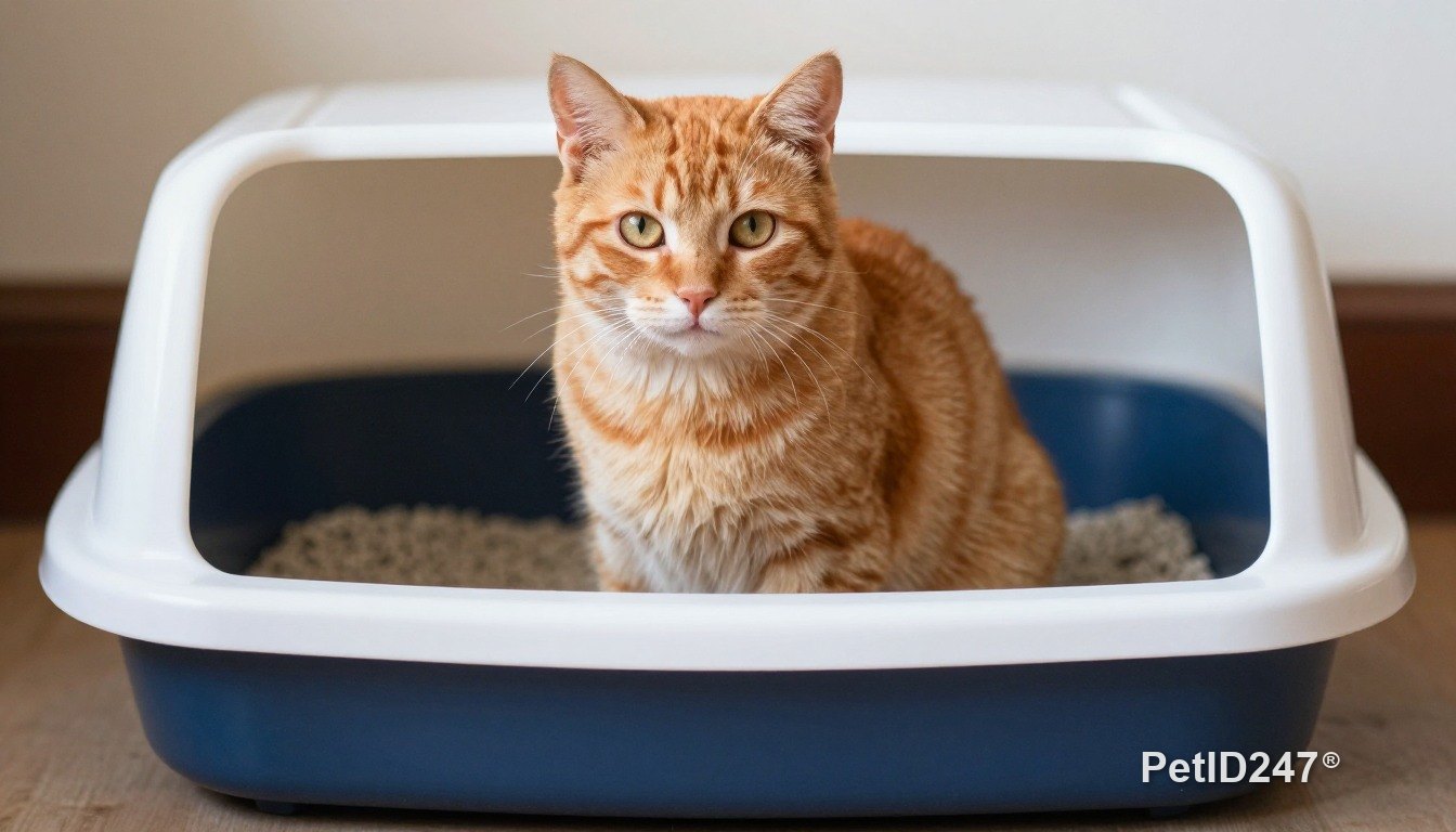 Orange tabby cat next to a litter box