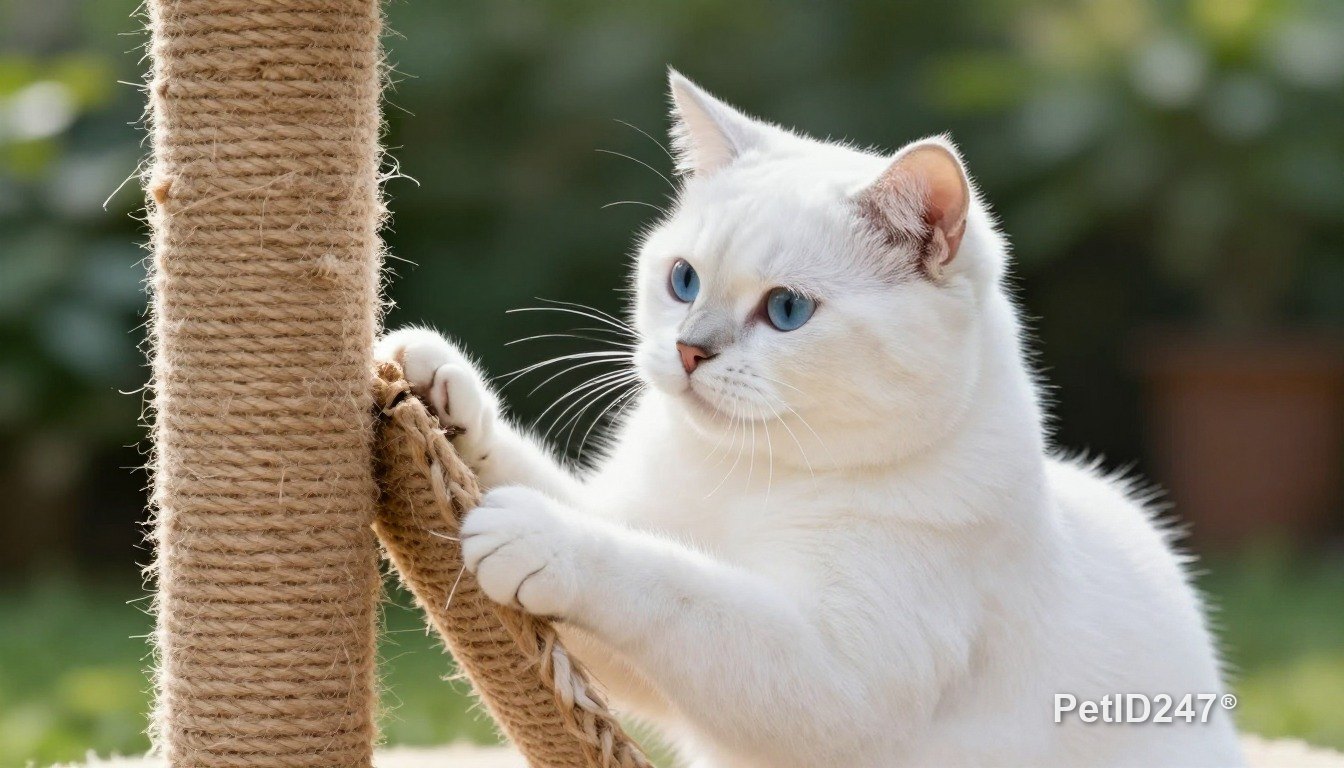 White cat using a scratching post, morning light
