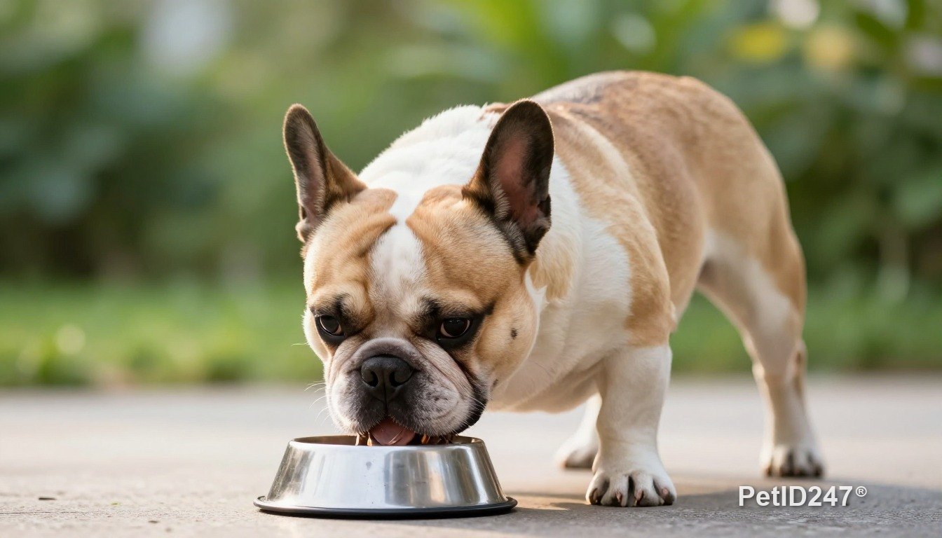 French bulldog eating from a bowl, morning light