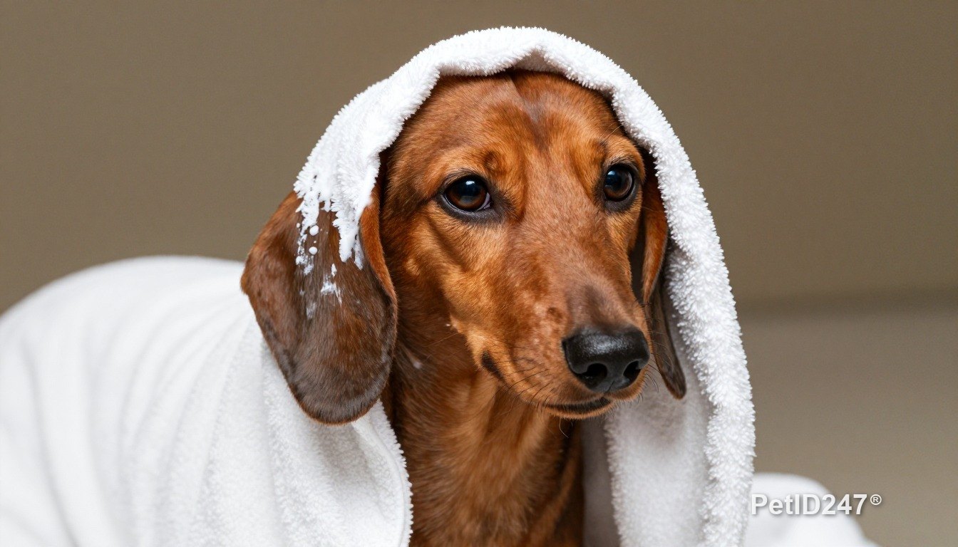 Dachshund in a towel after a bath