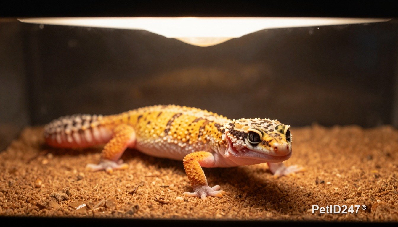 Leopard gecko basking under a lamp
