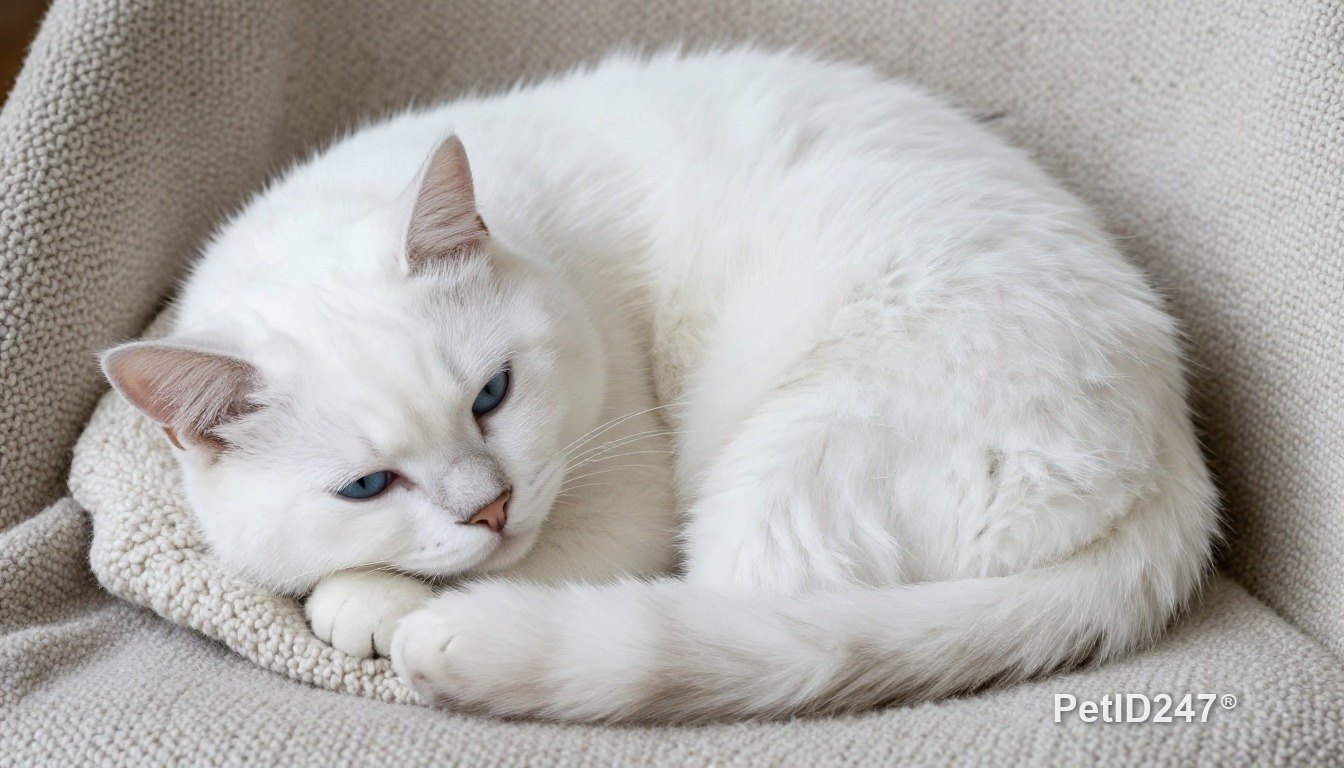 White cat curled up asleep