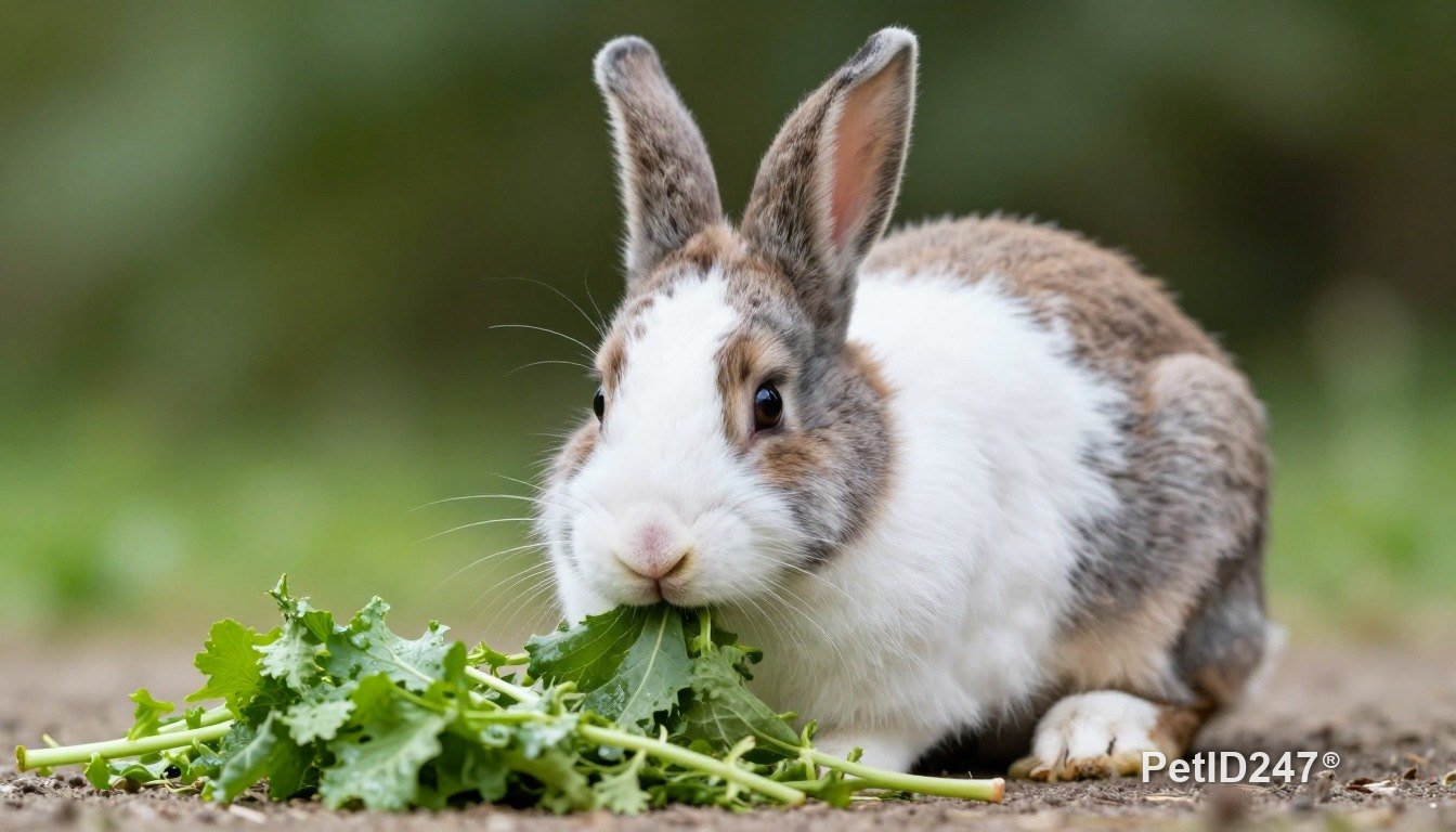 Holland lop rabbit eating fresh greens