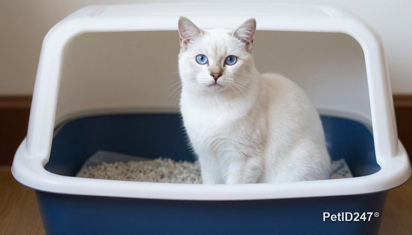 White cat next to a litter box
