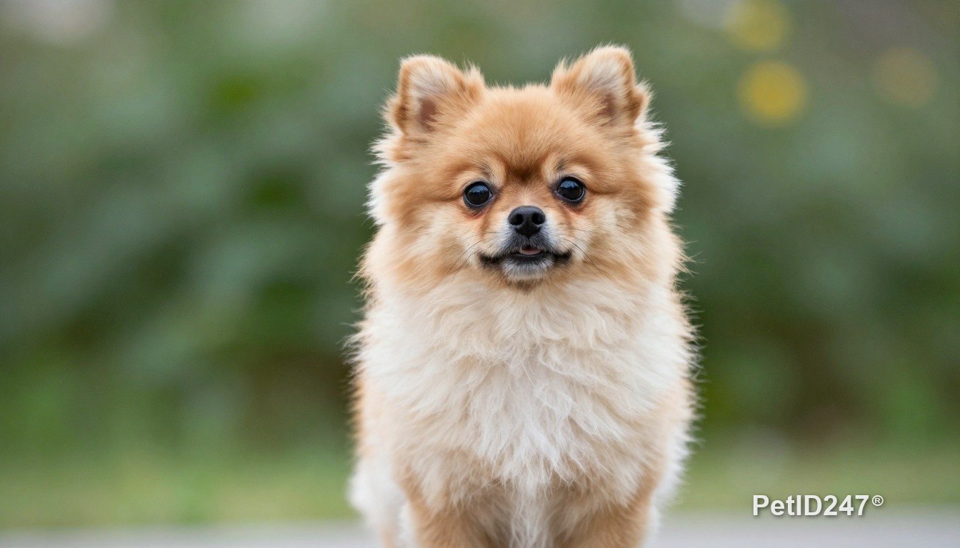 Pomeranian sitting, looking at the camera, morning light