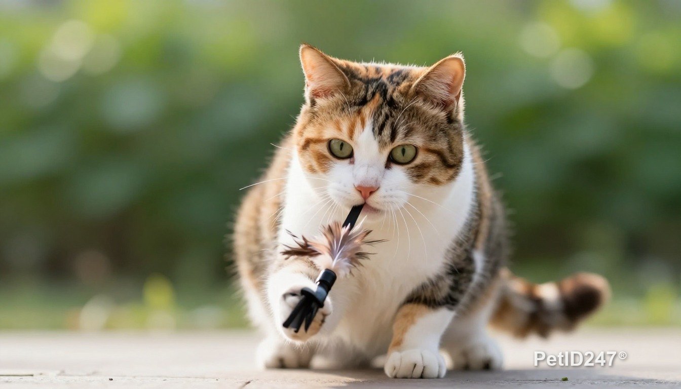 Calico cat playing with a feather toy, morning light
