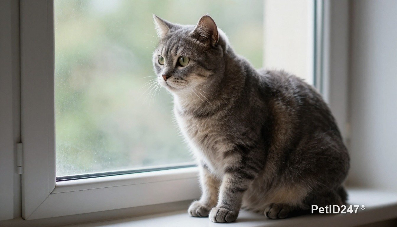 Grey tabby cat sitting by the window