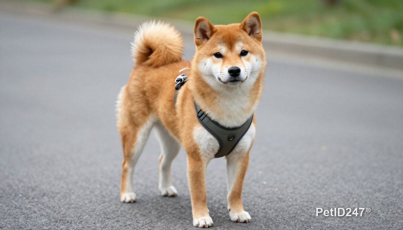 Shiba inu out for a walk in a harness