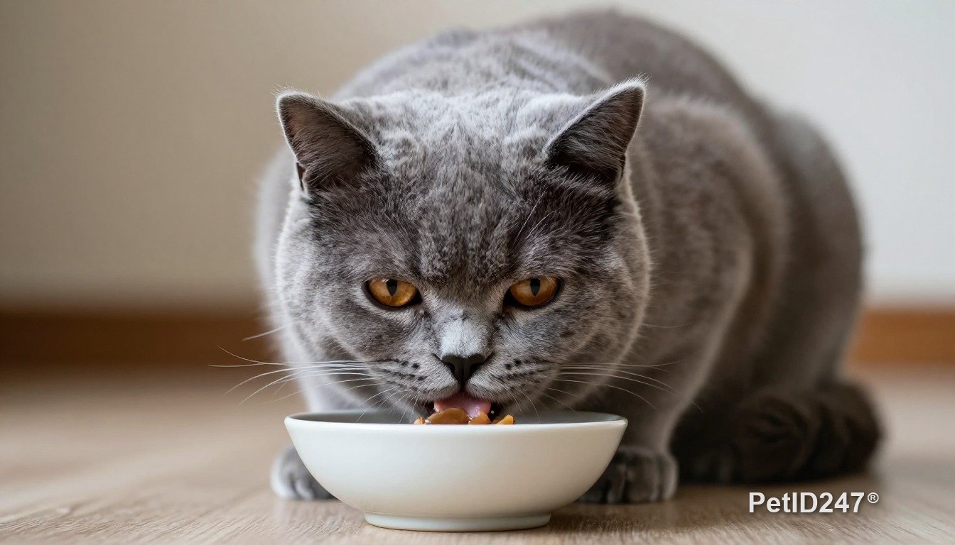 British shorthair eating from a bowl