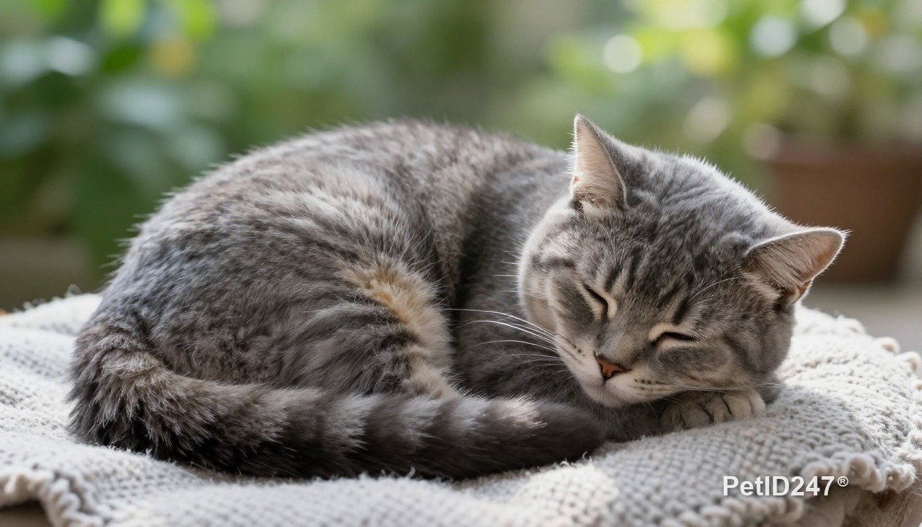 Grey tabby cat curled up asleep, morning light