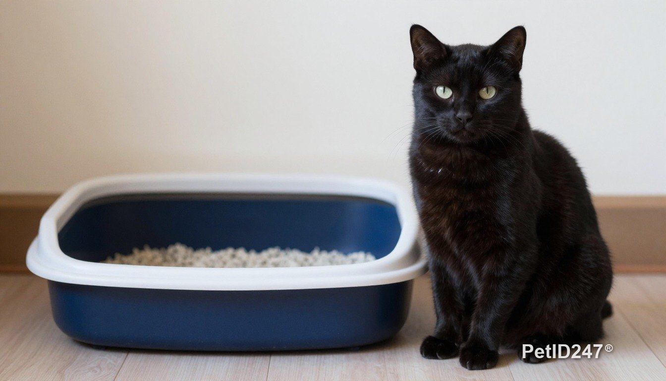 Black cat next to a litter box