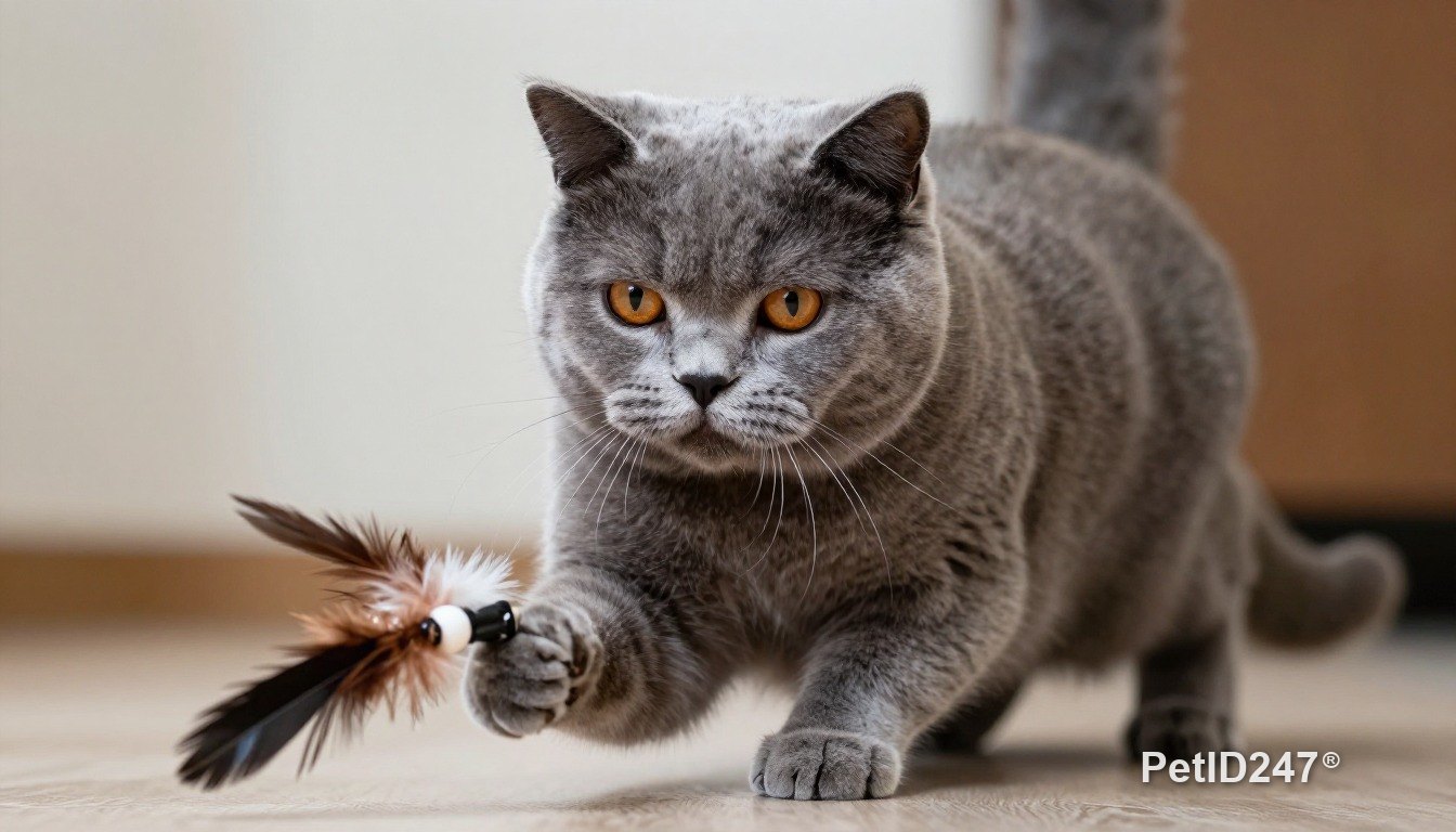 British shorthair playing with a feather toy