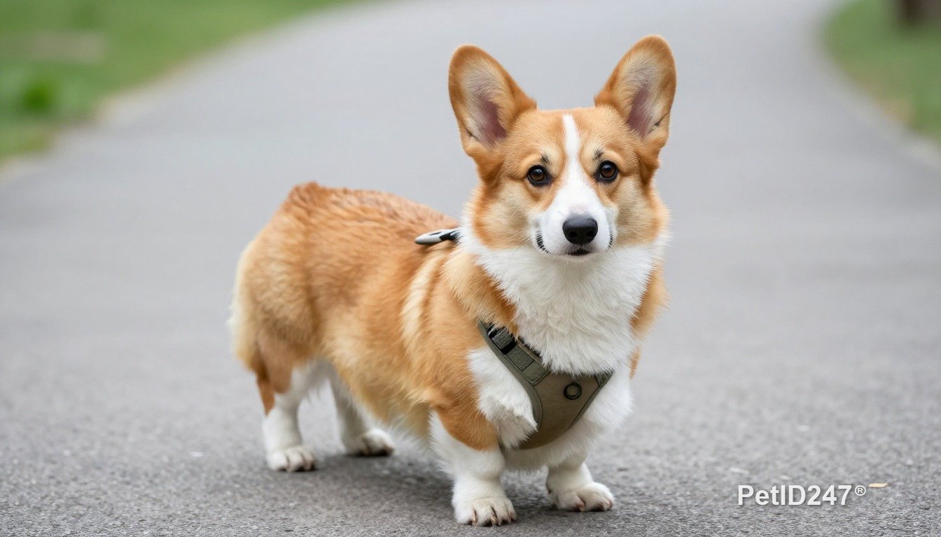 Corgi out for a walk in a harness