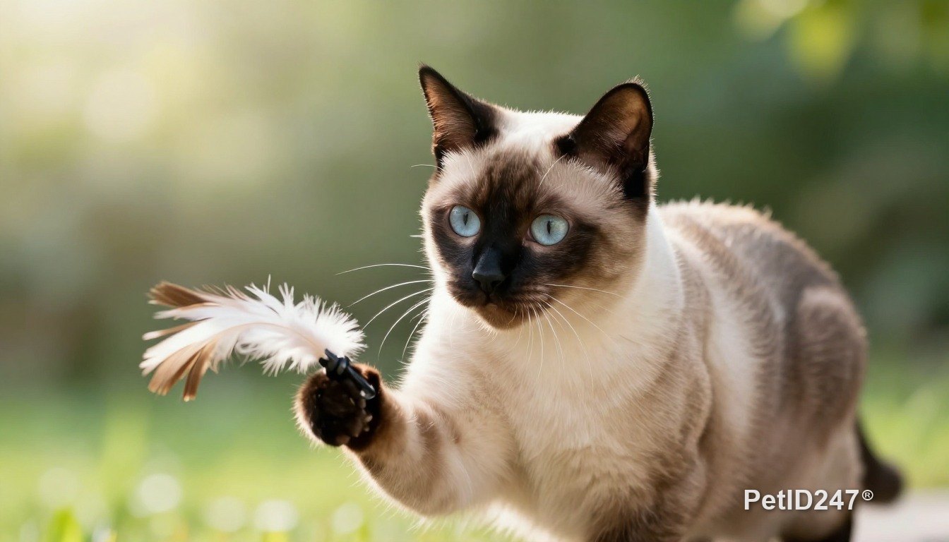 Siamese cat playing with a feather toy, morning light