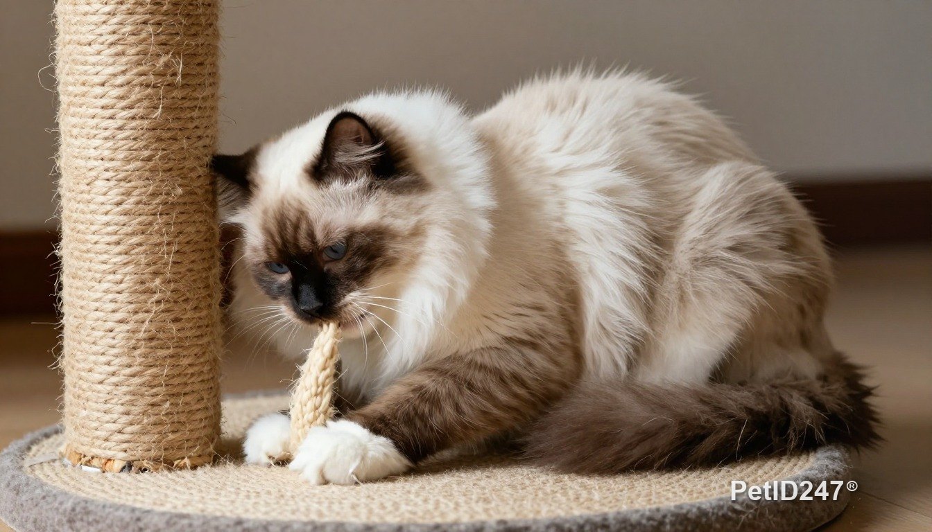 Ragdoll cat using a scratching post