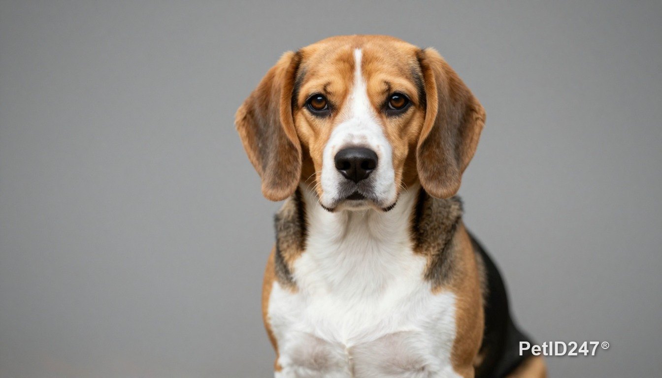 Beagle sitting, looking at the camera