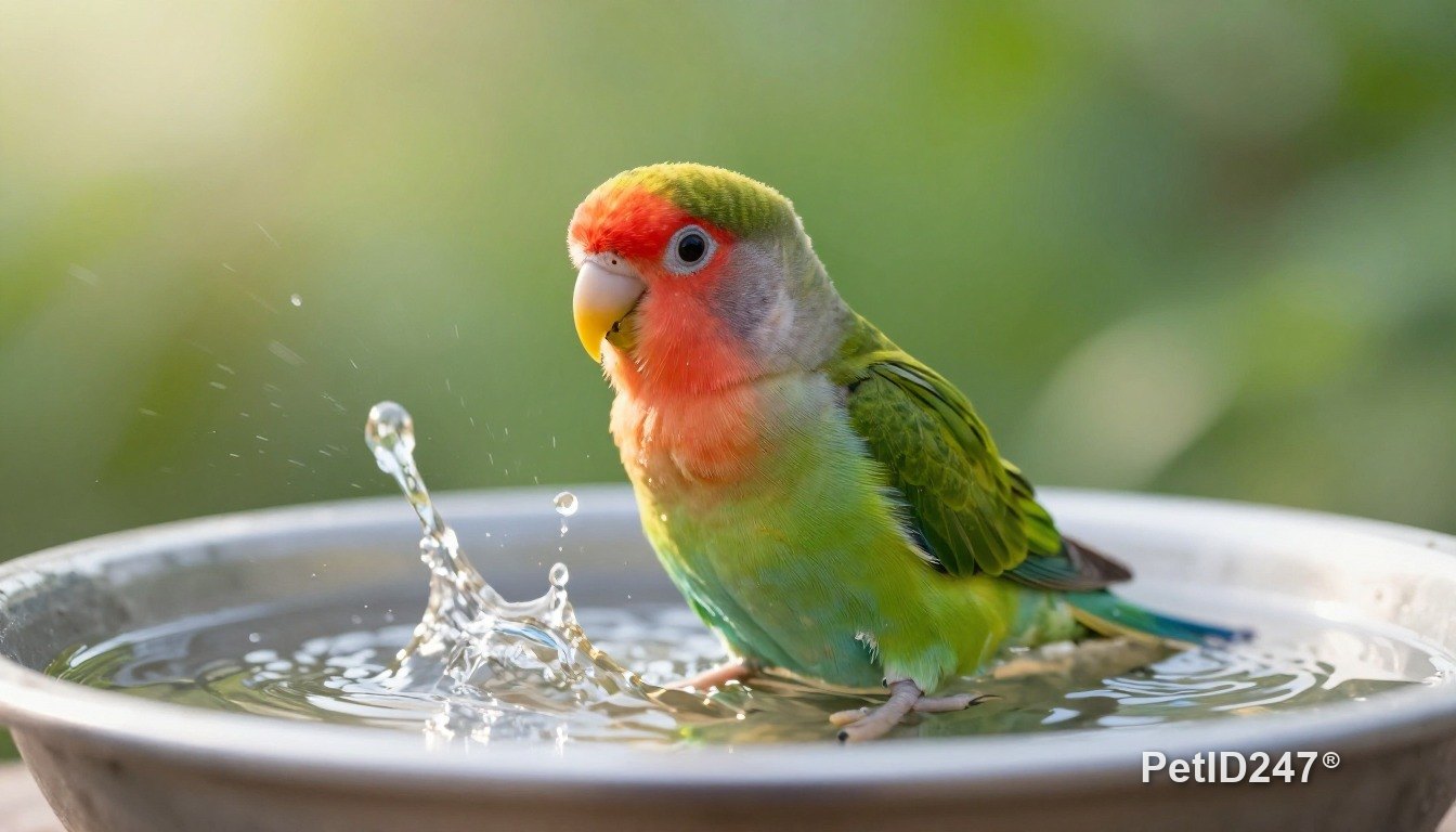 Lovebird bathing, morning light