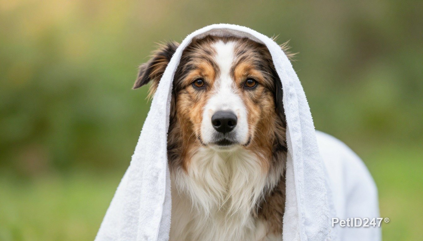 Border collie in a towel after a bath, morning light