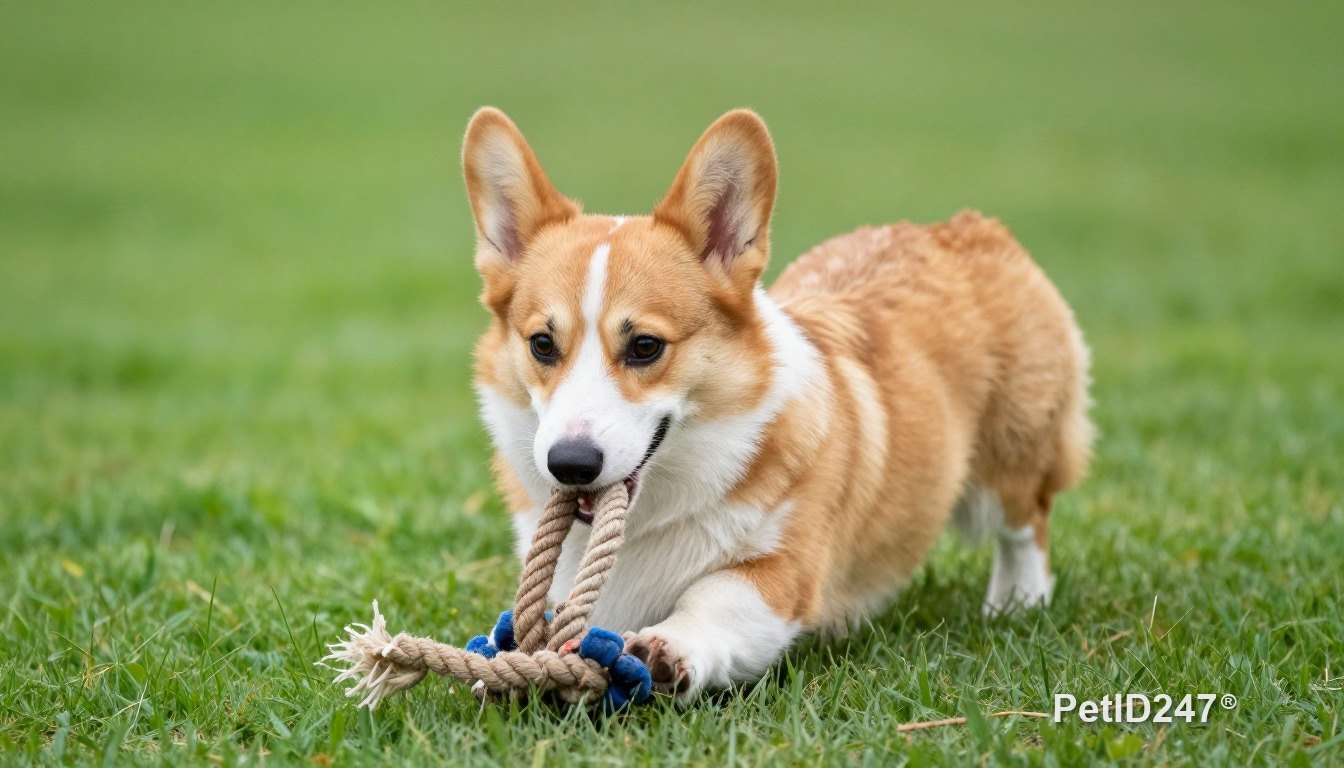 Chó corgi chơi dây thừng trên cỏ