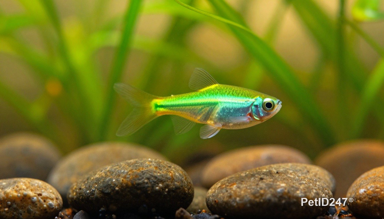 Neon tetra among aquatic plants, golden hour