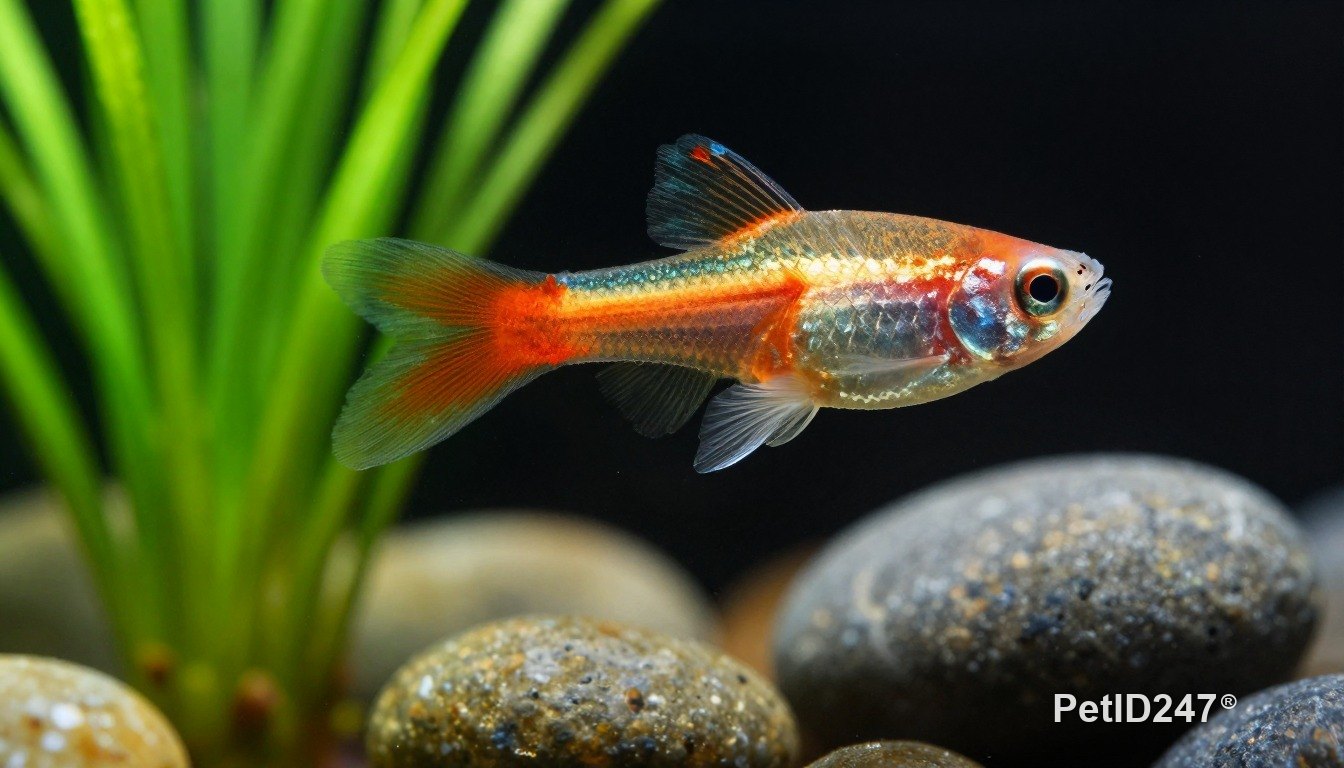 Guppy among aquatic plants, dark background