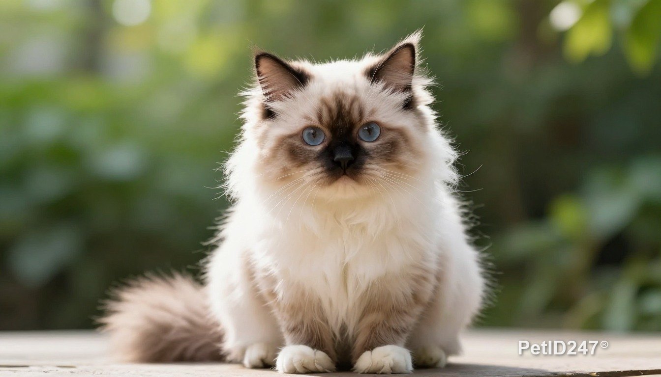 Mèo ragdoll ngồi nhìn thẳng, nắng sớm