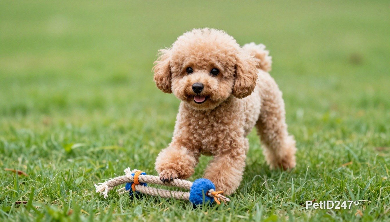 Chó poodle chơi dây thừng trên cỏ