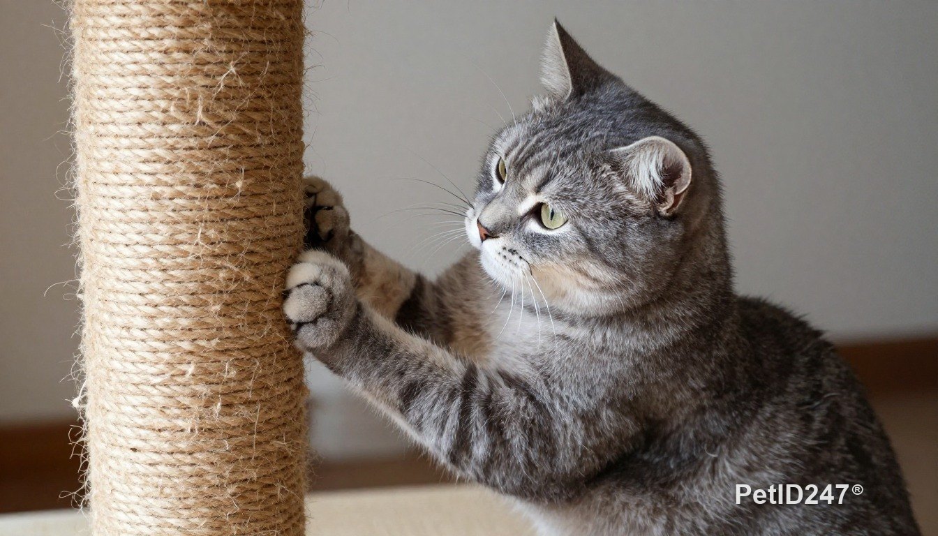 Grey tabby cat using a scratching post