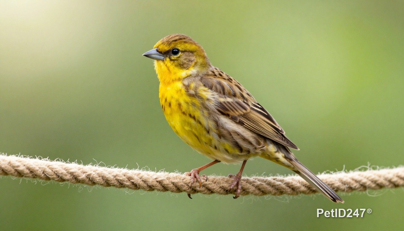 Canary playing on a rope perch, morning light