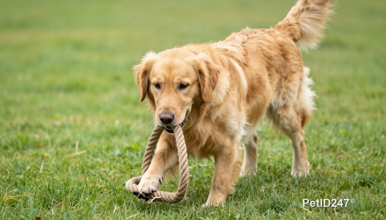 Chó golden retriever chơi dây thừng trên cỏ