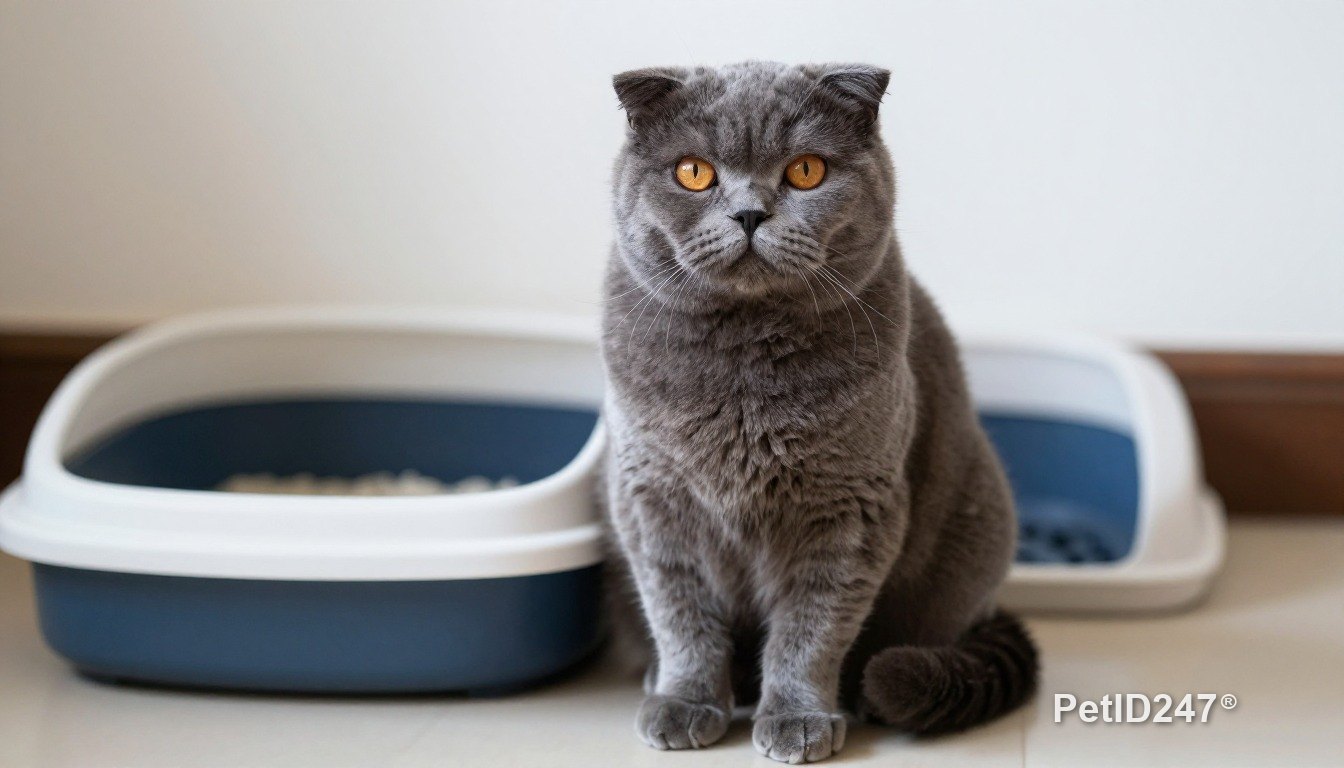 Scottish fold next to a litter box