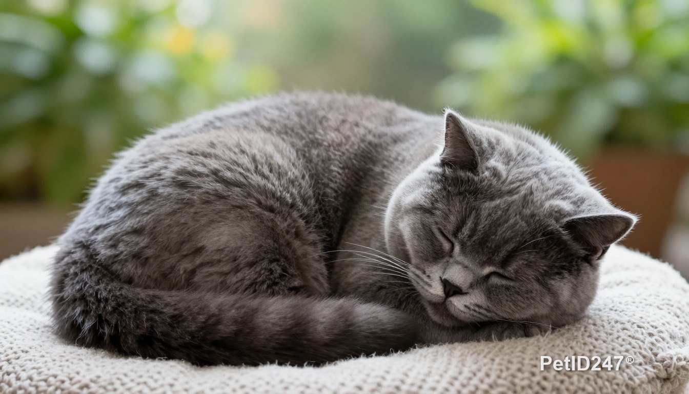 British shorthair curled up asleep, morning light