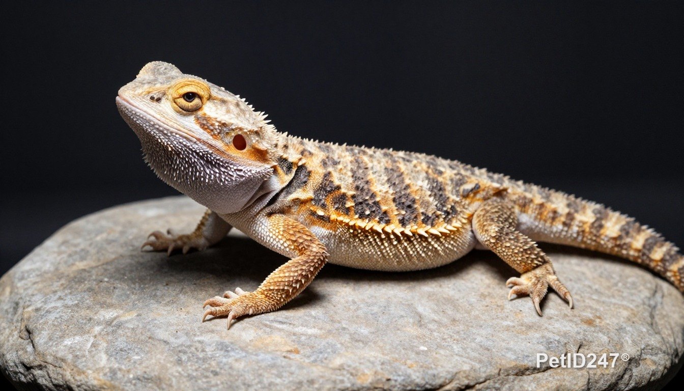 Bearded dragon on a flat stone, dark background
