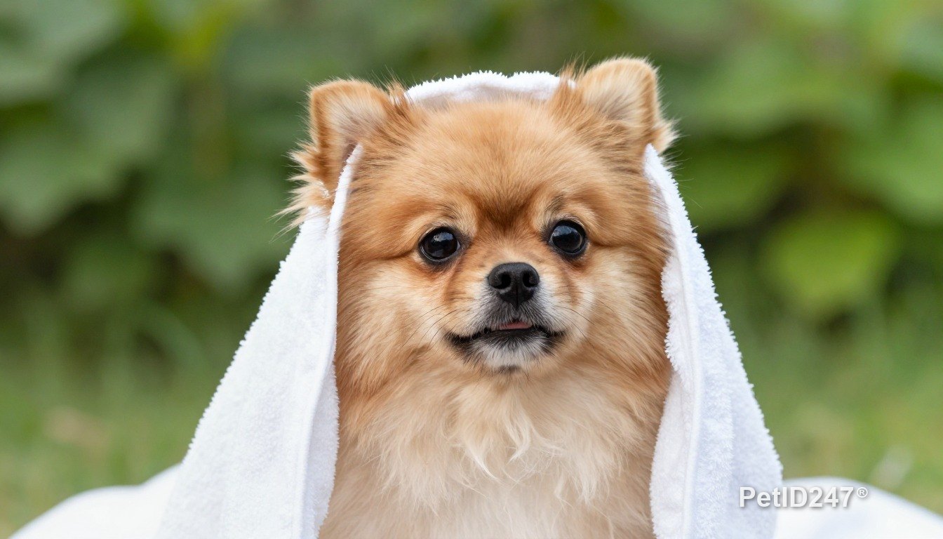 Pomeranian in a towel after a bath, morning light