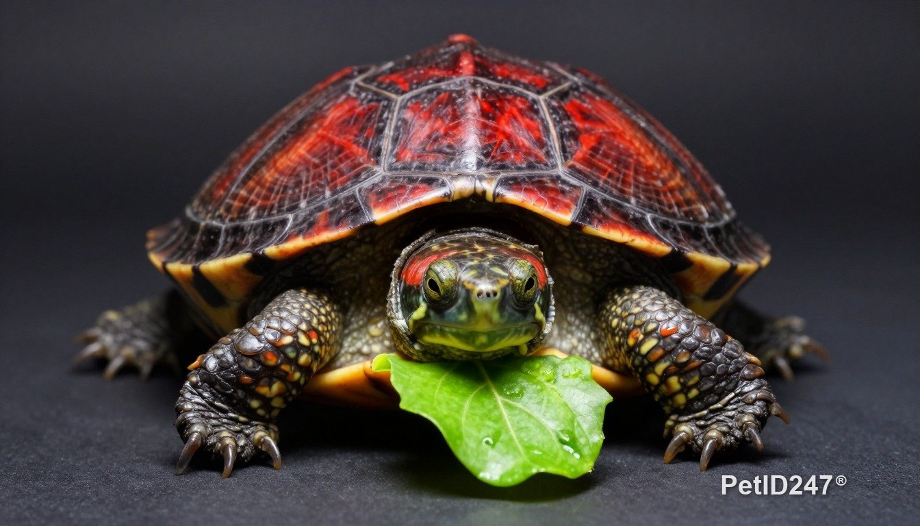 Red-eared slider eating, dark background