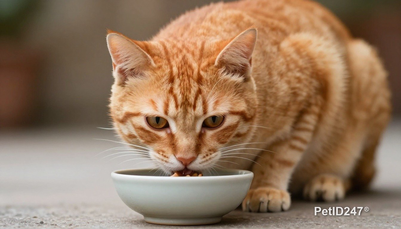 Orange tabby cat eating from a bowl