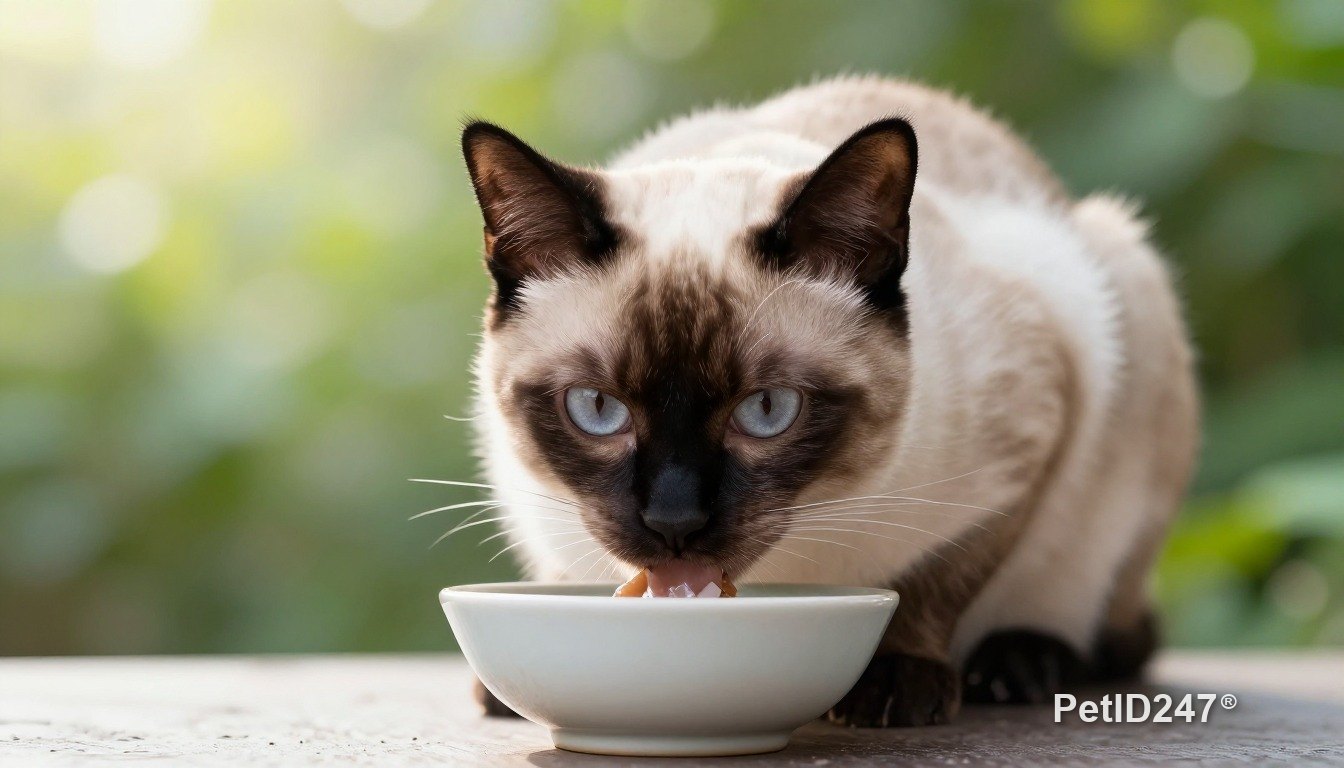 Siamese cat eating from a bowl, morning light